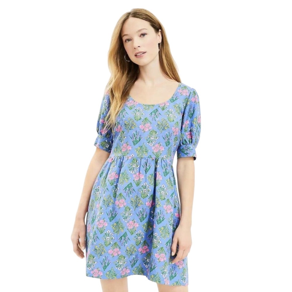 NWT LOFT Size 2 Floral Babydoll Dress Puff Sleeve Blue Linen Cottagecore